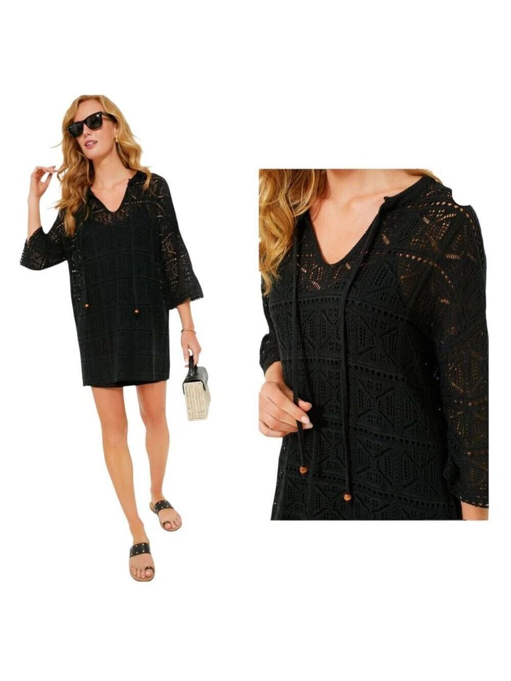 Pomander Place Black Crochet Knit Kai Dress Sz L